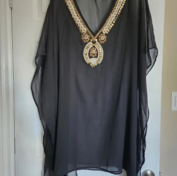 SolMer Cover  up caftan Beach Black Beaded Semi Sheer Gold size L - Picture 1 of 7